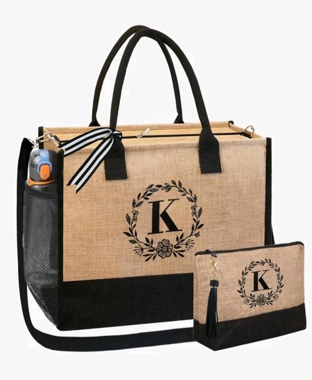 Beegreen Personalized Tote Letter K Initial Canvas/Jute Tote Bag Beach Wedding
